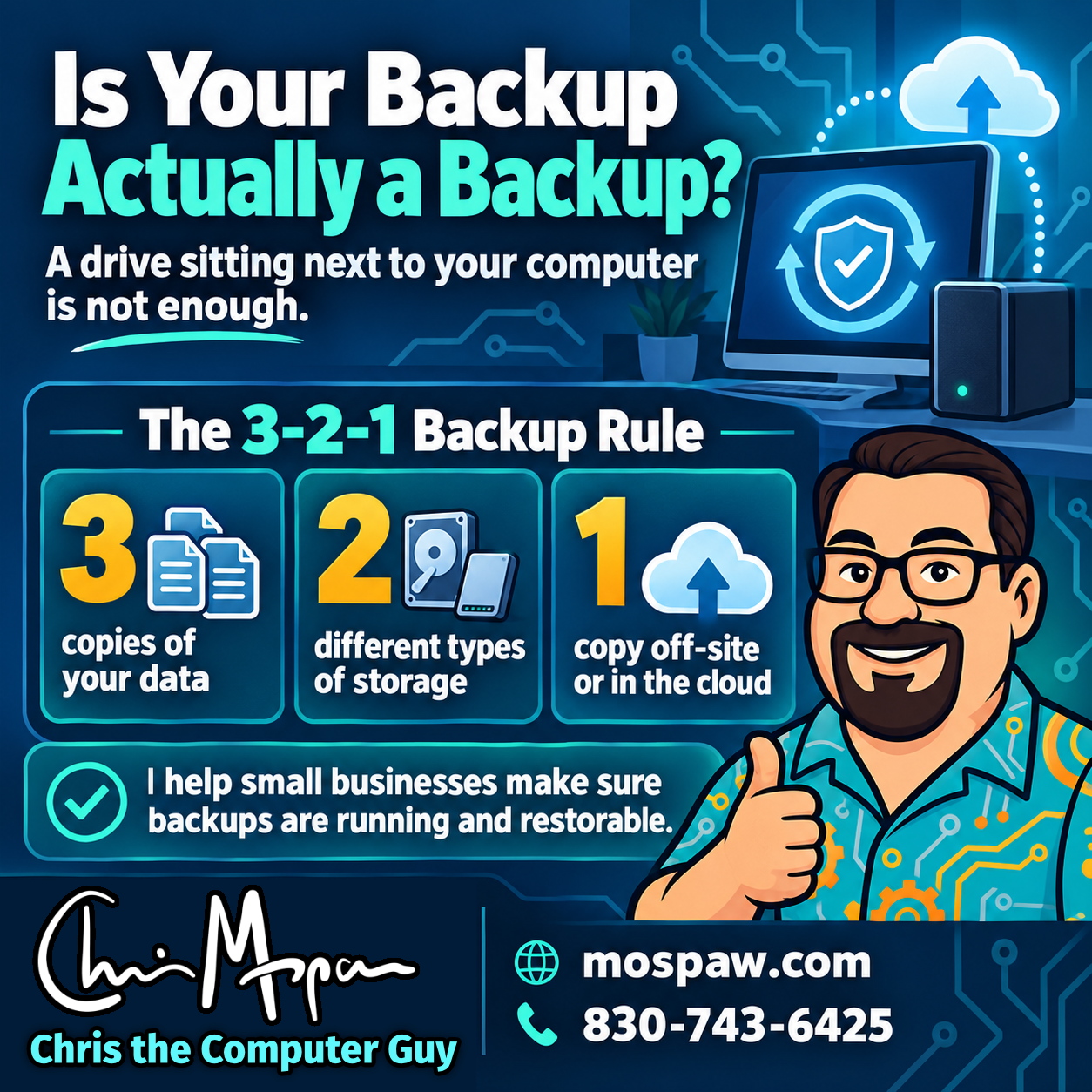 Chris the Computer Guy graphic explaining the 3-2-1 backup rule: keep three copies of your data on two different types of storage, with one copy stored off-site or in the cloud.