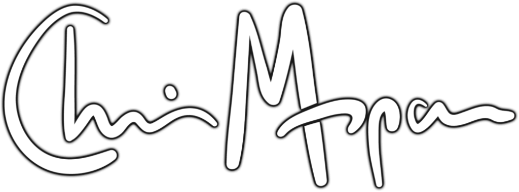 Chris Mospaw signature logo - white with dark outline