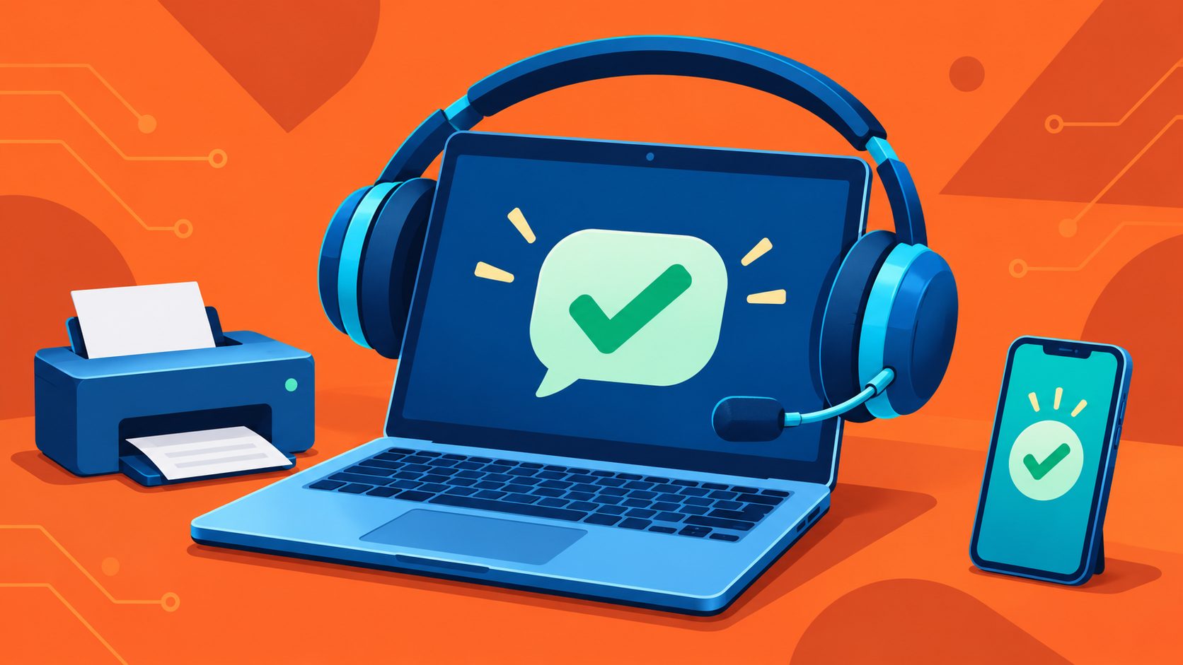 A laptop with a support headset and checkmark, alongside a printer and phone, representing everyday computer help.
