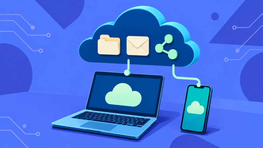 A cloud containing file, email, and sharing symbols connected to a laptop and phone.
